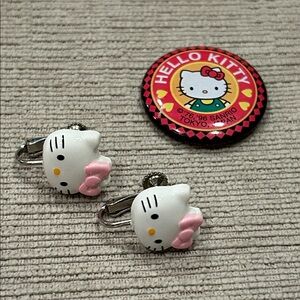 Rare vintage Hello Kitty Pink and White Clip on earrings and pin Set